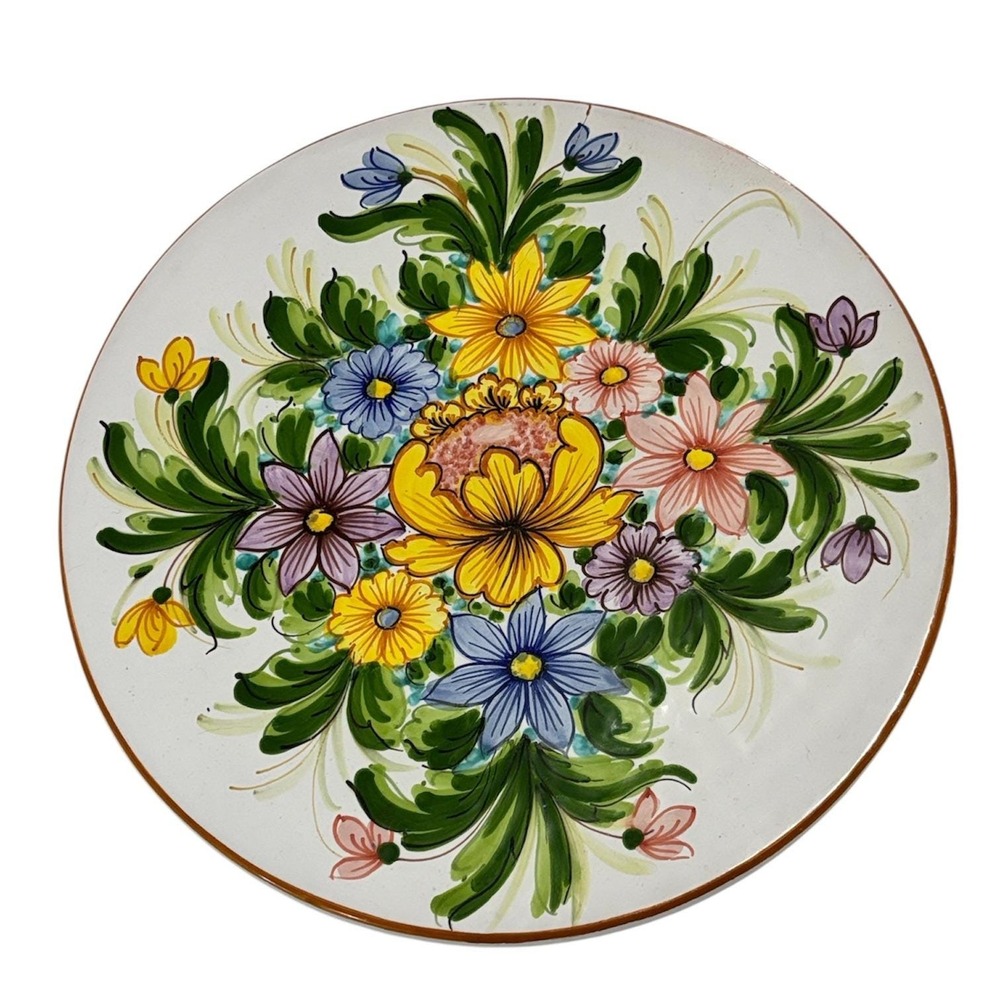 Vtg Italian Majolica wall plate floral hand painted signed Art Bruzzese Mignini